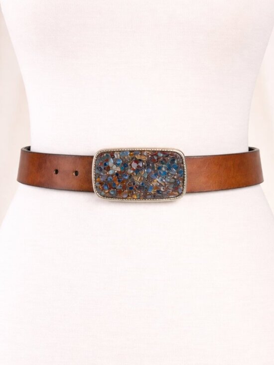 USA Made Stone Inlay Buckle Leather Belt Size 32 Brown 32-38 Western Boho main image 8